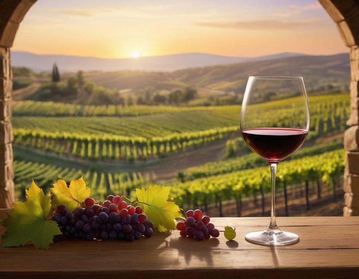 A picturesque vineyard landscape showcasing rolling hills under a golden sunset, with grapevines rich with purple grapes. In the foreground, a beautifully crafted wine glass captures the light, reflecting delicate wine colors. Include elements like a rustic wooden winery in the background and a winemaker carefully inspecting grapes. Enhance the scene with soft, warm lighting that evokes a sense of tranquility and sophistication. super-realistic. vibrant colors. warm tones.