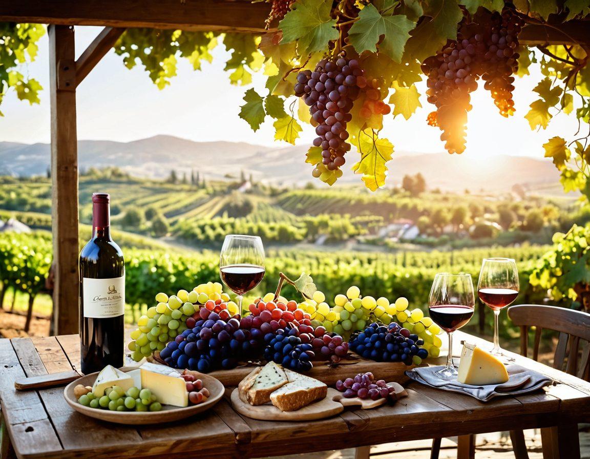 A lush vineyard landscape showcasing various grape varietals, with clusters of grapes hanging from vibrant green vines. In the foreground, a rustic wooden table is elegantly set with an assortment of wine bottles, glasses, and gourmet food pairings like cheese and fruits. Soft golden sunlight filters through the leaves, enhancing the warm colors of the scene. Inviting and rich in detail, it captures the essence of wine exploration. super-realistic. vibrant colors. warm lighting.